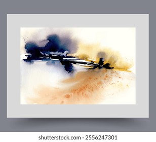 Abstract painting with colorful flashes similar to shore of ocean or remote sea island. Abstract watercolour painting in modern art style with nature with sunny and cloudy weather at same time