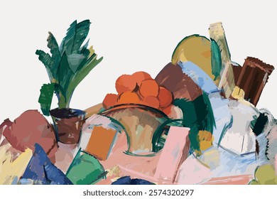 Abstract painting of a colorful still life with fruits, vegetables, and bottles. The still life features vibrant colors and abstract shapes, highlighting fruits and vegetables.