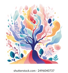 Abstract painting of a colorful tree with the flowers and plants isolated on a transparent background.