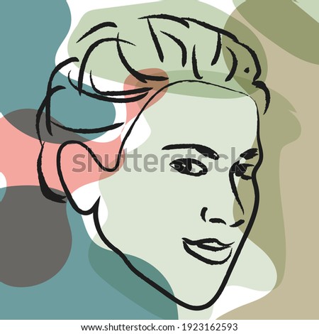 Abstract painting face. Contemporary continuous line drawing. Modern watercolor imitation painting. Hand drawn portrait. Color shapes in abstract graphic style. Minimalistic line arts