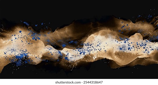 Abstract painting featuring a dynamic blend of colors and textures. Fluid wave-like patterns with dark brown, beige, and black hues, accented by vibrant blue splashes, vector background.