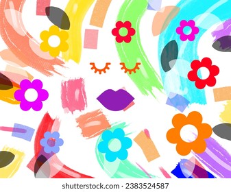 An abstract painting with a female face with flowers and colorful brushes complementing it