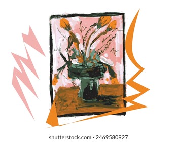 An abstract painting of flowers bursts with vibrant colors and dynamic shapes, capturing the essence of nature's beauty in a unique and imaginative way. Each brushstroke flows with oh no nene