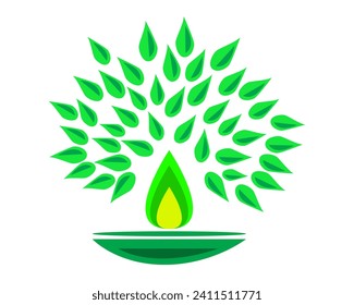 Abstract painting of green lamp having leafy flowers isolated on white background - vector illustration