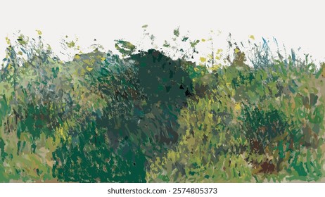 Abstract painting with green, yellow, and brown brushstrokes. Nature-inspired abstract art with vibrant green and earthy tones. Green dominates the abstract scene. Vintage style vector element.