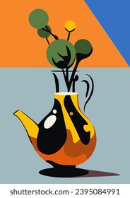 Abstract painting for interior. Contemporary art with abstract unusual flowers or plant branches in vase or jug. Bright modern still life for decorating walls in room. Cartoon flat vector illustration