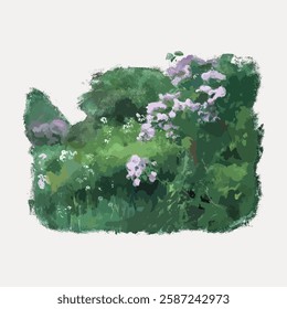 Abstract painting of lush green foliage with purple flowers. Greenery and flowers blend in a textured, artistic style. Nature-inspired abstract art. Vintage art illustration, vector.