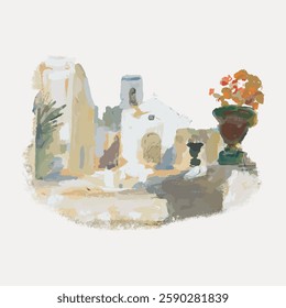 Abstract painting of a Mediterranean village with white buildings and a terracotta pot. Soft colors depict a serene Mediterranean village scene. Vintage art painting vector.