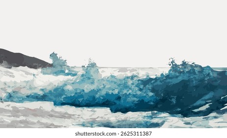 Abstract painting of ocean waves crashing against rocks. Blue and white tones create a dynamic, textured seascape. Artistic representation of nature's power. Vintage art illustration vector.