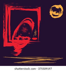 abstract painting oriental motif the window man woman moon night background shabby style vector