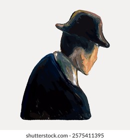 Abstract painting of a person in a hat, facing away. The figure is in dark colors, with a focus on the hat. Artistic, abstract, and mysterious. Vintage illustration isolated on white, vector.