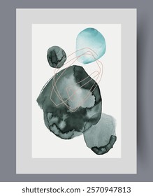 Abstract painting with randomly placed spots and thin line connecting objects, on watercolor artwork. Abstract collage in style of modern art from 50s or 60s for creative magazine design. Print, decor