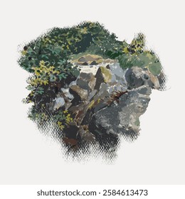 Abstract painting of rocks and greenery. Textured brushstrokes depict rocks and plants. Earthy tones dominate the rock and greenery composition. Vintage art illustration, vector.