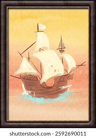 abstract painting of a sailing ship in a twilight frame