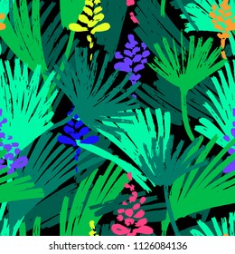 Abstract painting seamless pattern. Free hand colorful background with jungle motif. Hand drawn tropical background.
