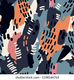 Abstract painting seamless pattern. Free hand colorful background memphis style. Hand drawn strokes background.