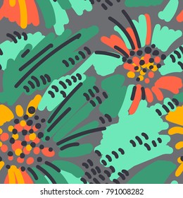 Abstract painting seamless pattern. Free hand colorful background memphis style. Hand drawn tropical background.