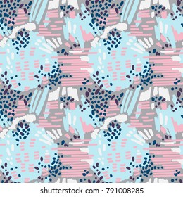 Abstract painting seamless pattern. Free hand colorful background memphis style. Hand drawn tropical background.