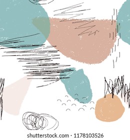 Abstract painting seamless pattern with ink element in memphis style. Hand drawn paint brushes background.