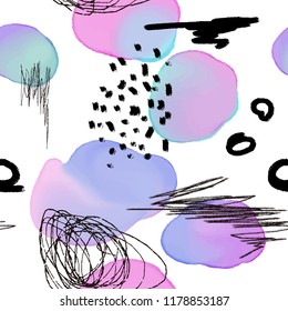 Abstract painting seamless pattern with ink element in memphis style. Hand drawn paint brushes background.