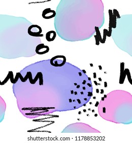 Abstract painting seamless pattern with ink element in memphis style. Hand drawn paint brushes background.