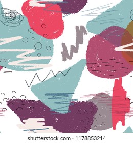 Abstract painting seamless pattern with ink element in memphis style. Hand drawn paint brushes background.