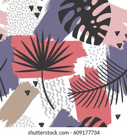 Abstract painting seamless pattern with ink element in memphis style. Hand drawn paint brushes  tropical background . 