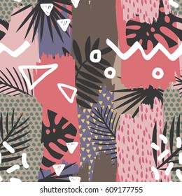 Abstract painting seamless pattern with ink element in memphis style. Hand drawn paint brushes  tropical background . 