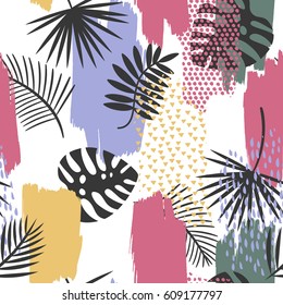 Abstract painting seamless pattern with ink element in memphis style. Hand drawn paint brushes  tropical background . 