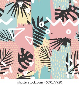 Abstract painting seamless pattern with ink element in memphis style. Hand drawn paint brushes  tropical background . 