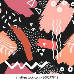 Abstract painting seamless pattern with ink element in memphis style. Hand drawn paint brushes  tropical background . 