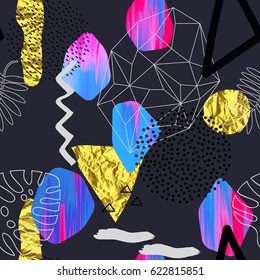 Abstract painting seamless pattern with ink element in memphis style. Hand drawn paint brushes background with tropical leaves.