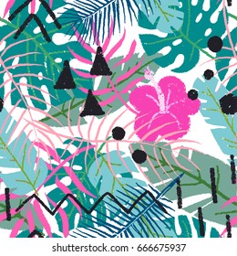 Abstract painting seamless pattern with ink element in memphis style. Hand drawn paint brushes tropical background.
