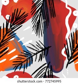 Abstract painting seamless pattern with ink element in memphis style. Hand drawn paint brushes tropical background .