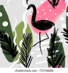 Abstract painting seamless pattern with ink element in memphis style. Hand drawn paint brushes tropical background .