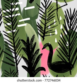Abstract painting seamless pattern with ink element in memphis style. Hand drawn paint brushes tropical background .
