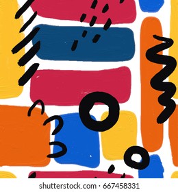 Abstract painting seamless pattern with oil paint element in memphis style. Hand drawn paint brushes background.