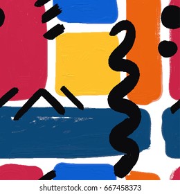 Abstract painting seamless pattern with oil paint element in memphis style. Hand drawn paint brushes background.