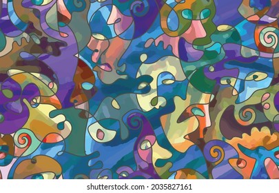 Abstract painting. Seamless pattern with one line. Portrait of a strange persons. Cubism and picasso style. Colorful contrasting confusing background. Mural mosaic of silhouettes of faces. Vector 