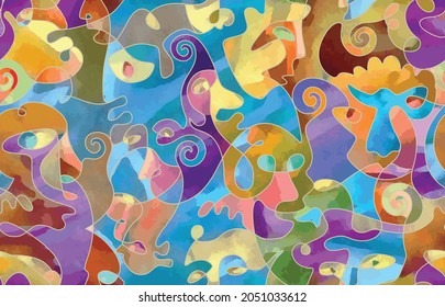 Abstract painting. Seamless pattern with one line. Portrait of a strange persons. Cubism and picasso style. Colorful contrasting confusing background. Mosaic mural of silhouettes of faces. Vector 