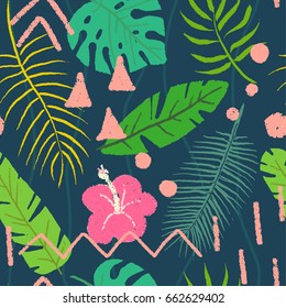 Abstract painting seamless pattern with palm leaves and ink element in memphis style. Hand drawn paint brushes tropical background .