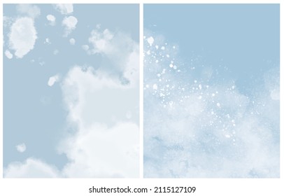 Abstract Painting Style Vector Layouts. White Paint Stains and Scribbles on a Light Blue Background. Pastel Color Irregular Bush Smudges Print. Abstract Water and Cloudy Sky.