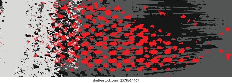 Abstract painting with three textured sections in dark gray, white, and red on a black background, featuring rough brush strokes and a distressed style, perfect for contemporary decor.