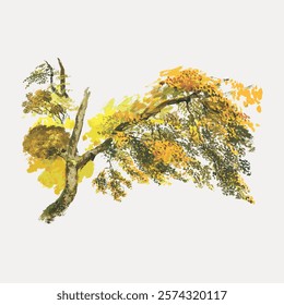 Abstract painting of a tree branch with yellow and green leaves. The tree branch is vibrant and colorful, with leaves in yellow and green hues. Vintage botanical illustration isolated on white, vector