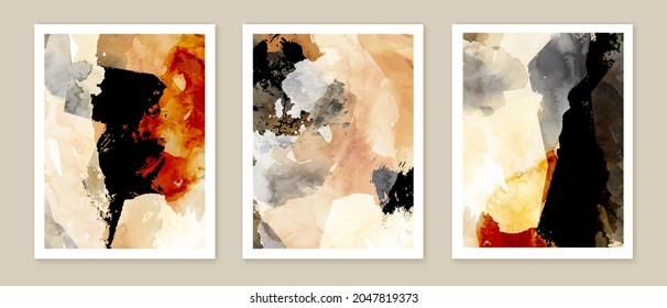 Abstract painting wall art set. Posters, covers, prints. Grunge oil, watercolor hand painted backgrounds. Creative colorful, black, white, beige artistic triptych. Vector illustration.
