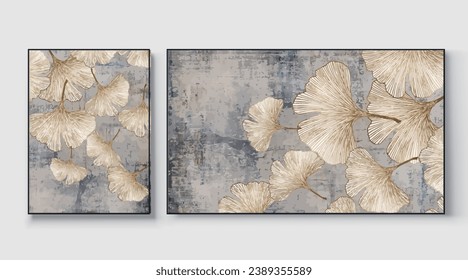 Abstract painting wall art set. Leaves, Ginkgo biloba, posters, covers, prints. Watercolor hand painted background. Creative colorful, artistic painting. Vector illustration.