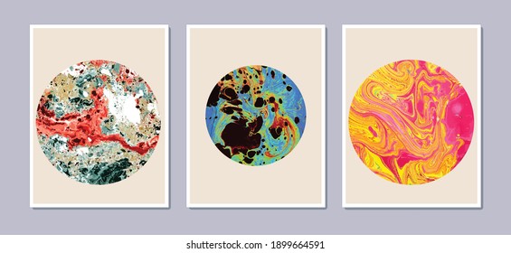 Abstract paintings with circles imitating fluid art. It is used to decorate walls, postcards, brochures, etc. Modern art.