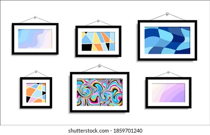 Abstract Paintings Hang On The Wall. Abstract Art In A Gallery On A White Background. Set Vector Color Abstract Picture Isolated. 