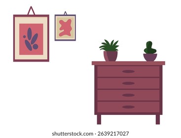 Abstract paintings hanging on a wall near a dresser with green potted plants. Interior design and room decoration element concept.