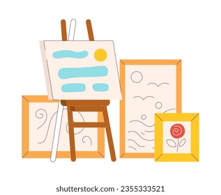 Abstract paintings semi flat colour vector object. Exhibition of paintings. Picture on easel. Editable cartoon clip art icon on white background. Simple spot illustration for web graphic design